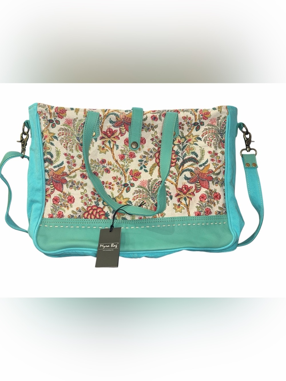 Myra Bags Mariposa Small Weekender Bag Turquoise Floral Embroidered Canvas Tote